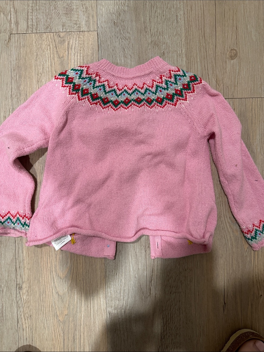 Baby Boden Pink Knit Cardigan with Colorful Fair Isle Yoke and Robin Pockets - Picture 5 of 6